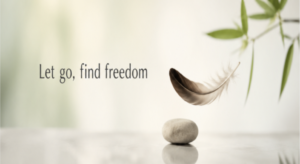 Minimal feather and stone image with the phrase “Let Go, Find Freedom” symbolizing peace, mindfulness, detachment, and emotional healing.