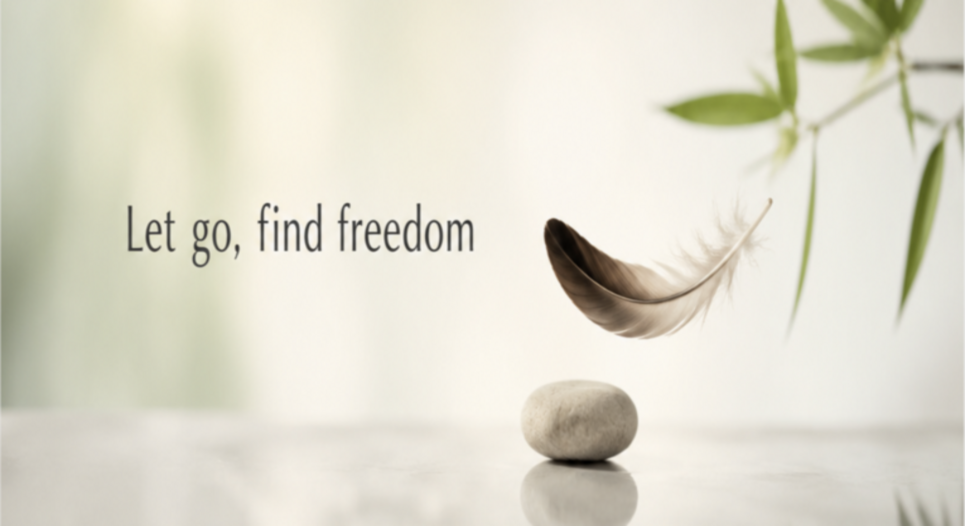 Minimal feather and stone image with the phrase “Let Go, Find Freedom” symbolizing peace, mindfulness, detachment, and emotional healing.