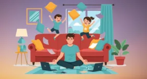 man meditating at home with children causing distraction showing resistance to meditation