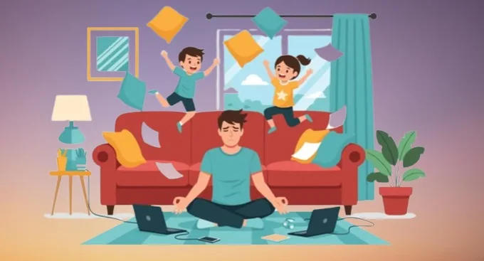 man meditating at home with children causing distraction showing resistance to meditation