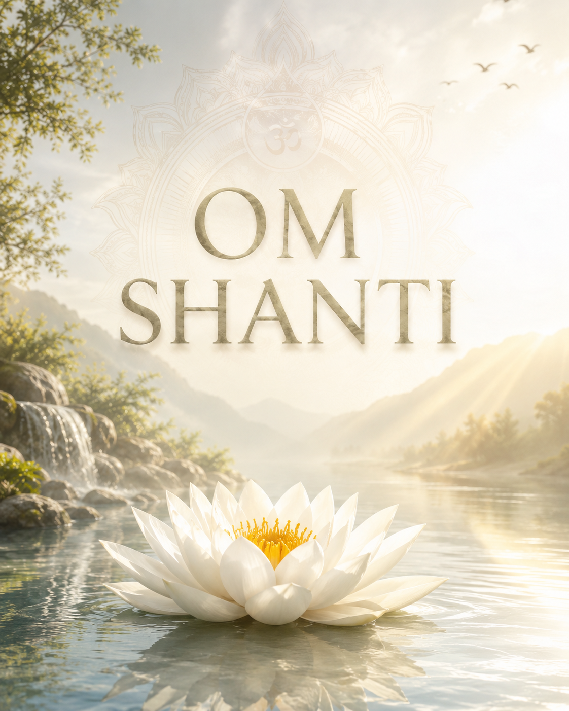 White lotus floating on calm water with OM SHANTI text and soft golden sunlight symbolizing inner peace and spiritual calmness