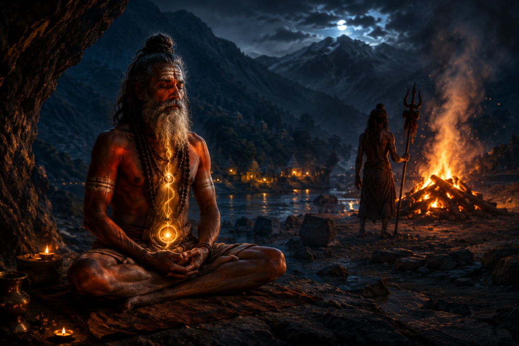 Ancient yogi meditating near cremation ground symbolizing Virya, consciousness, and spiritual transformation in Indian philosophy.