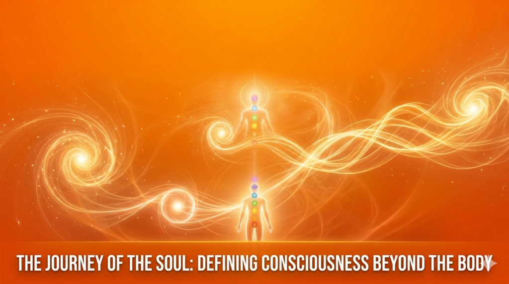 A vibrant orange graphic banner featuring a glowing human figure silhouette and text reading "The Soul and the Cycle of Rebirth" in the center, with a subtitle at the bottom.