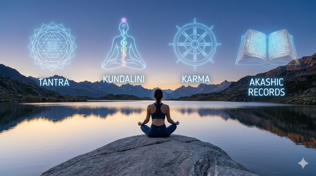 A horizontal landscape photo of a woman meditating on a rock facing a calm alpine lake at twilight. Above the lake, four glowing blue neon icons float in the sky with clear labels: a Sri Yantra mandala for Tantra, a meditating silhouette with chakras for Kundalini, a wheel of life for Karma, and an open glowing book for Akashic Records.