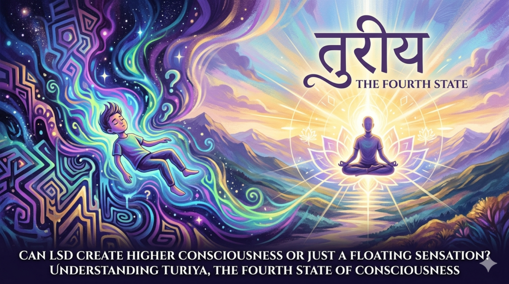 A conceptual illustration comparing a person floating in psychedelic LSD swirls with a serene figure meditating in a glowing lotus flower representing Turiya, the fourth state of consciousness.