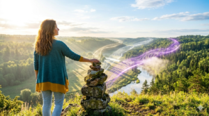 A woman standing on a sunny hilltop next to a stone cairn, looking out over a vast river valley as glowing light energy streams into the horizon to symbolize past, future, and inner potential.