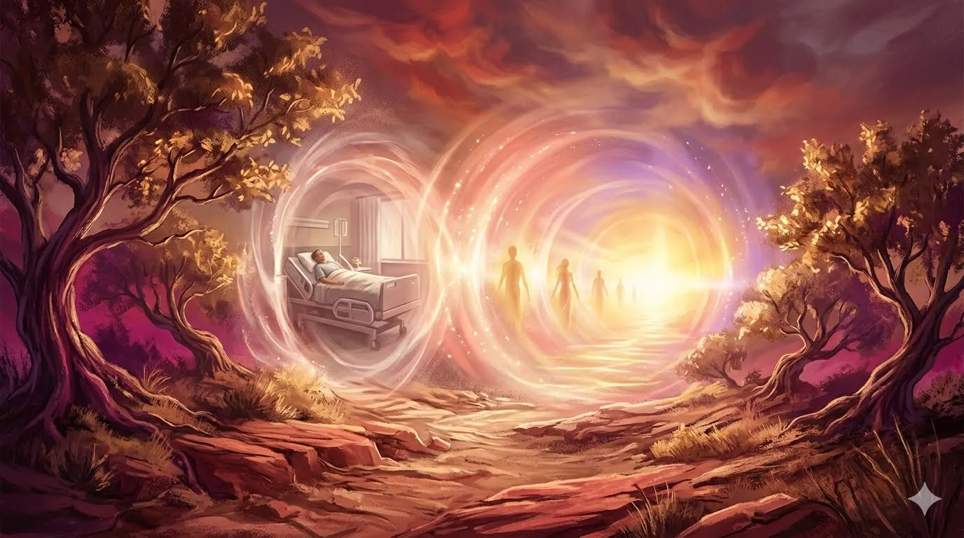 An artistic surreal landscape showing a patient in a hospital room connected to a brilliant golden tunnel portal filled with ethereal silhouettes walking toward a bright light, framed by warm autumn-toned trees and a dramatic orange sky.