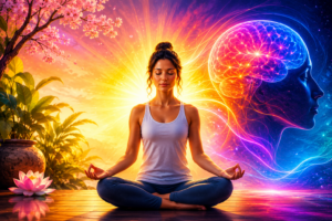 Woman meditating while exploring the connection between mindfulness, psychology, and sexual thoughts during meditation.