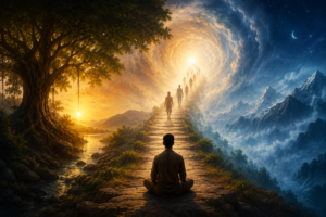 Spiritual seeker walking toward the Tree of Life, symbolizing awakening beyond Maya and karma.