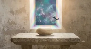 Silhouette floating through a space portal above a rock.