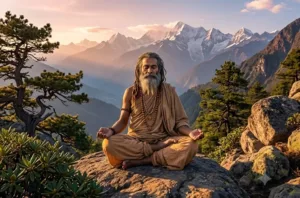 Wise Indian sage meditating on a rocky mountain ledge.