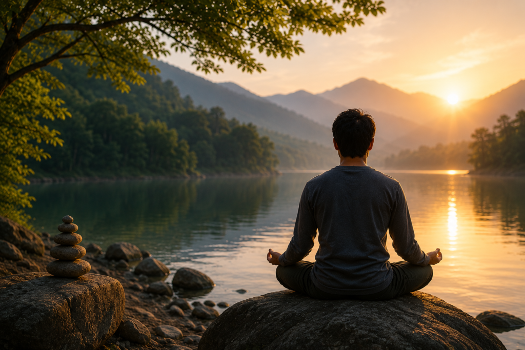 A person meditating peacefully beside a calm lake at sunrise, symbolizing inner stillness beyond overthinking.