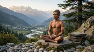 An Indian yogi sits in meditation on rocks overlooking a winding valley river and snowy mountains.